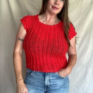 Vintage Red handmade Crochet short sleeve sweater Size M